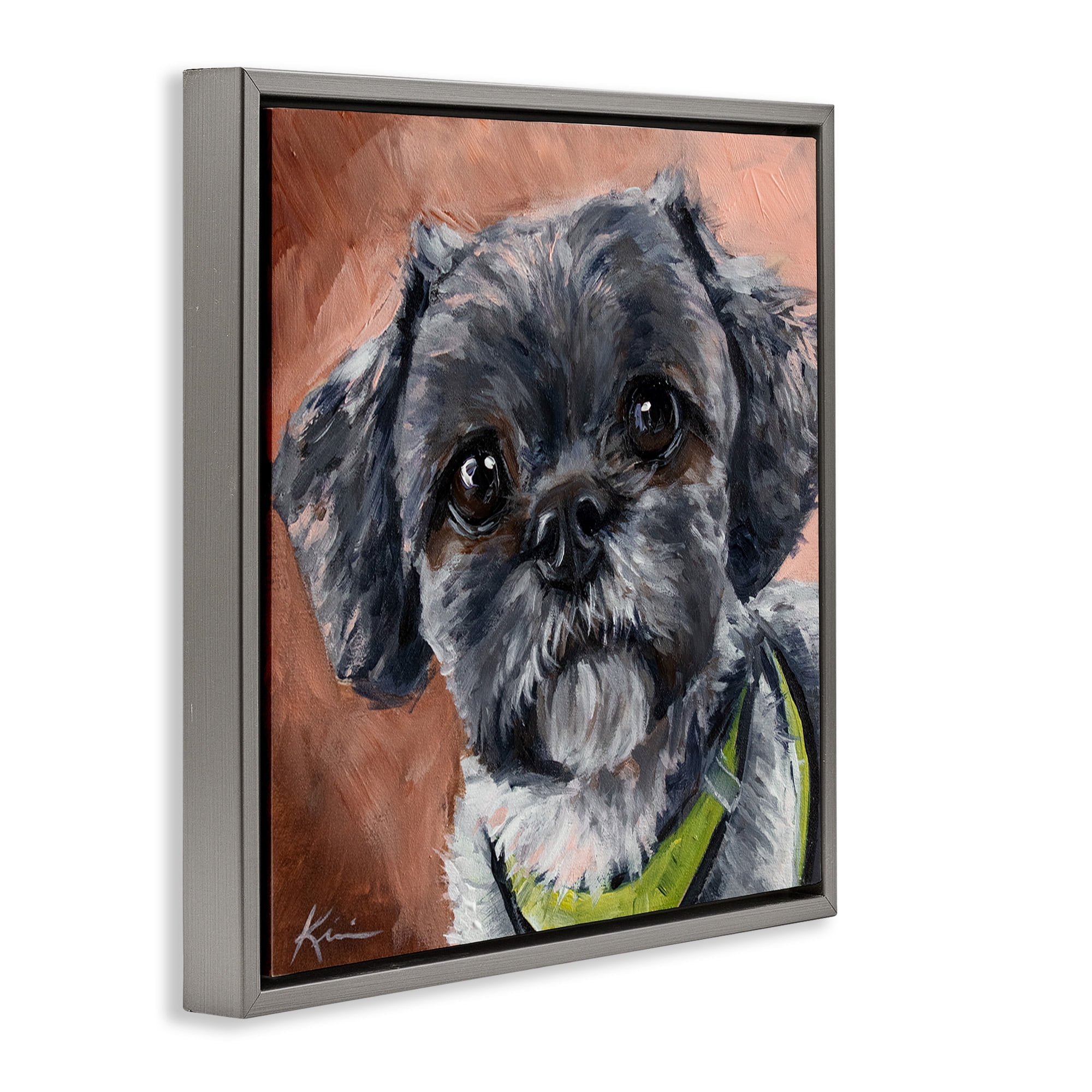 Stupell Industries Black Shih Tzu Dog Portrait Animals & Insects Painting Gray Floater Framed Canvas Art Print Wall Art, 25 x 25