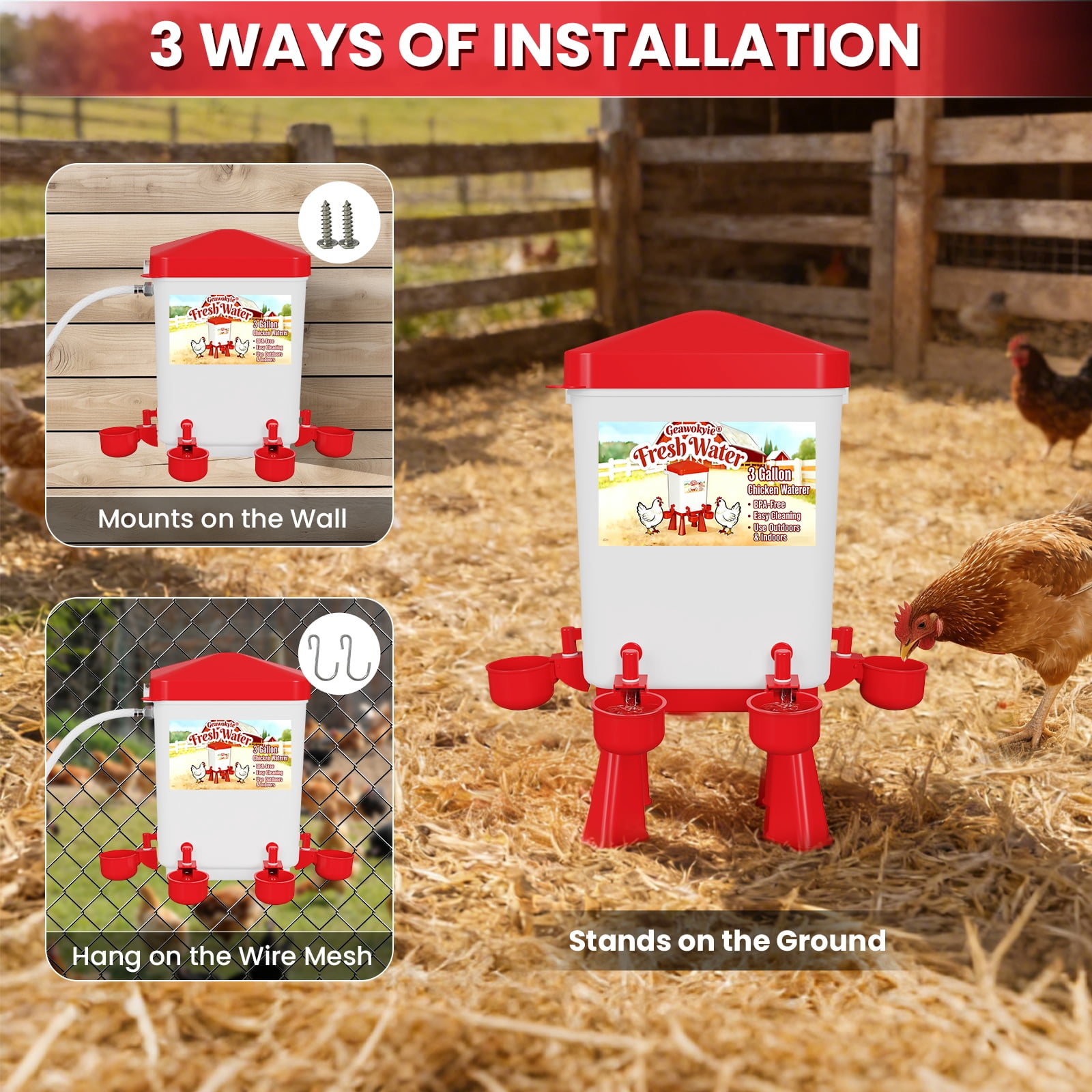 3 Gallon Red Automatic Chicken Waterer, Float-Controlled Continuous Water, Hose Connectable, Hands-Free Poultry Water Feeder for Chicks Ducks Geese