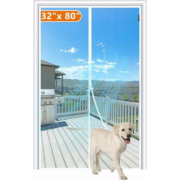 Magnetic Screen Door Fit Size 32 x 80 Inch, 34" 81" Strong Magnet Mesh with Reinforced Hook & Loop for Patio Door, Sliding White