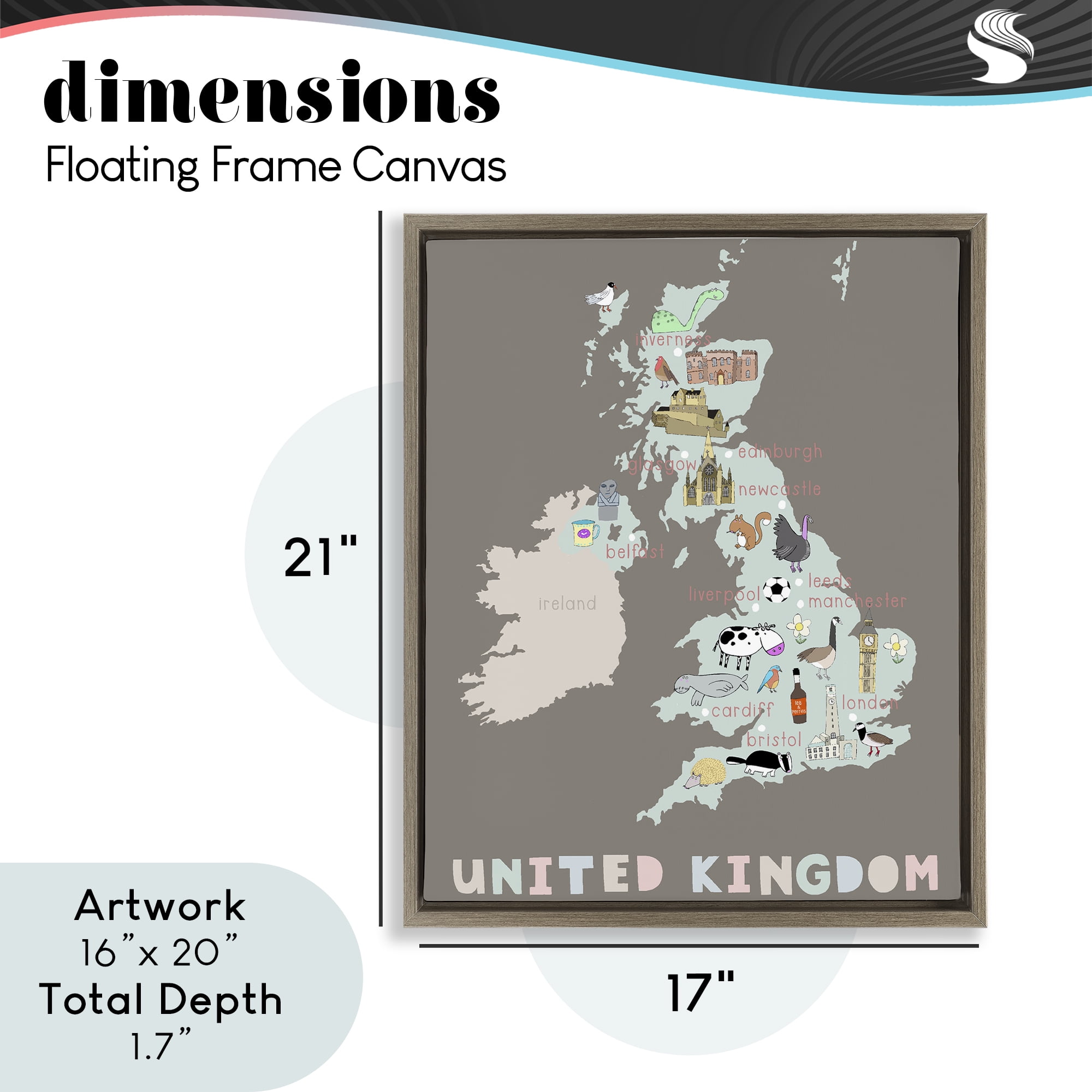 Kid's Map of United Kingdom Brown Framed Floater Canvas Wall Art, design by Carla Daly