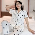 thumbnail image 3 of Wang6 Womens Pajamas Sets Soft Pjs Loungewear Sets 2 Pieces Short Sleeve V Neck Button Shirts Wide Leg Pants Polka Dots Printed Sleepwear Set White L, 3 of 3