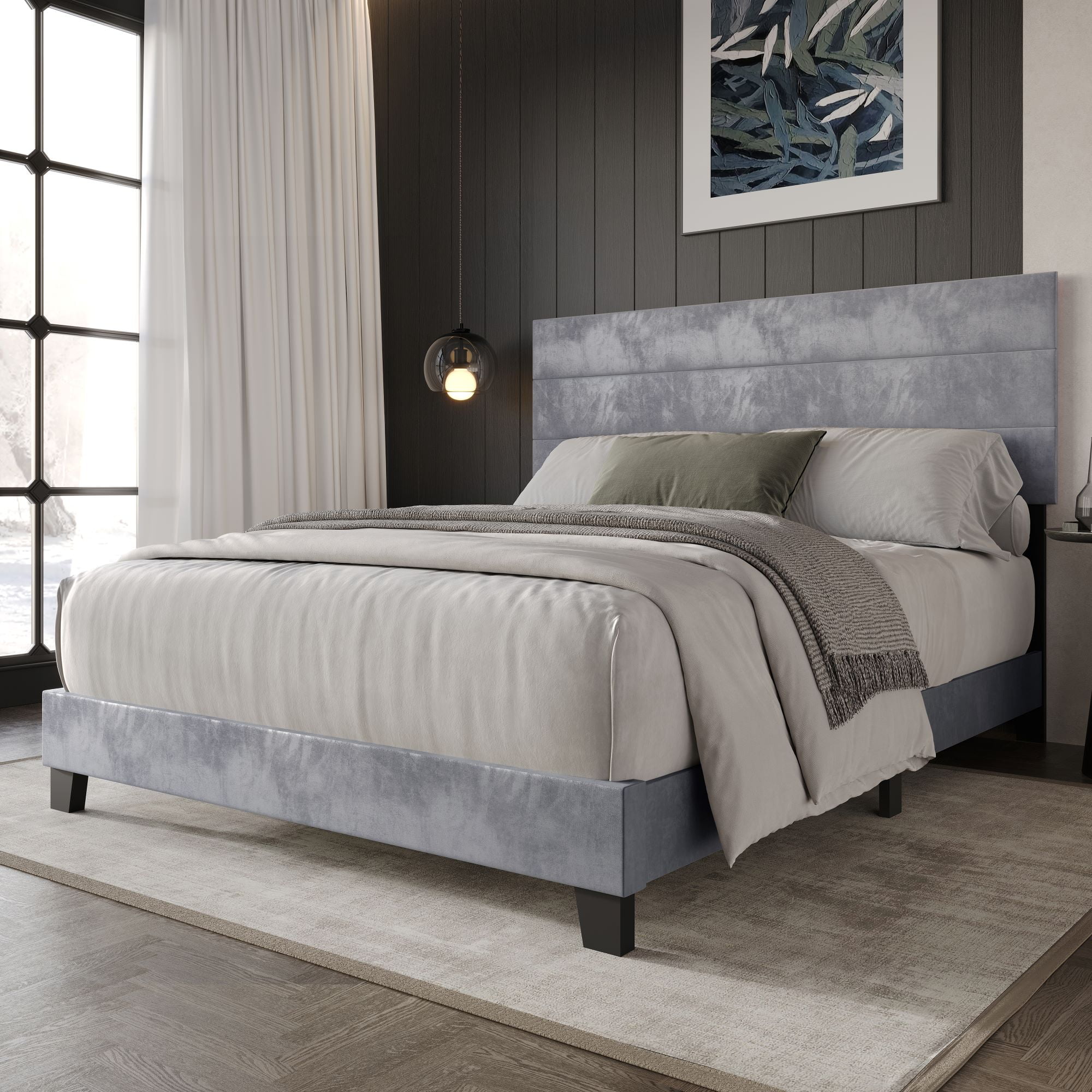 Home Design Vallejo King Velvet Upholstered Panel Bed Frame For Adult, Box Spring Required, Silver Gray