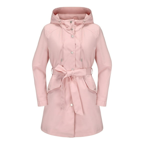 Women Fall Winter Coat Splash-resistant Single-breasted Hooded Long Sleeves Lace-up Tight Waist Drawstring Cardigan Overcoat Outdoor Trench Coat