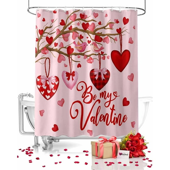 jafea Pink Valentine''s Day Shower Curtain, Red Love Heart Tree Shower Curtains Set with Hooks, Be My Valentine Waterproof Fabric Bathroom Curtains Decor Home Accessories,72 X 72 Inch Long
