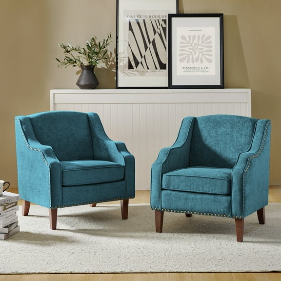 Wooden Upholstery Armchairs Set of 2 Lounge Sofa Club Accent Chairs Nailhead Trim Side Chairs Living Room Bedroom Blue