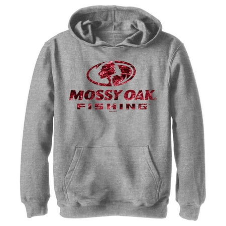 Boy s Mossy Oak Red Water Fishing Logo Pull Over Hoodie Athletic Heather Large