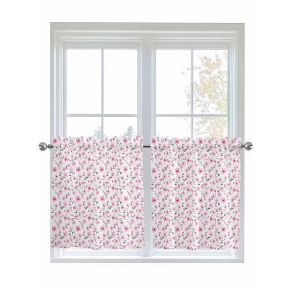 Half Window Curtain 36 Inches Long, Pink Spring Floral Window Treatment Curtain Drapes, Summer Botanical Elegant Small Tier Curtains for Bathroom Over Sink, 27.5"x36", 2 Panels