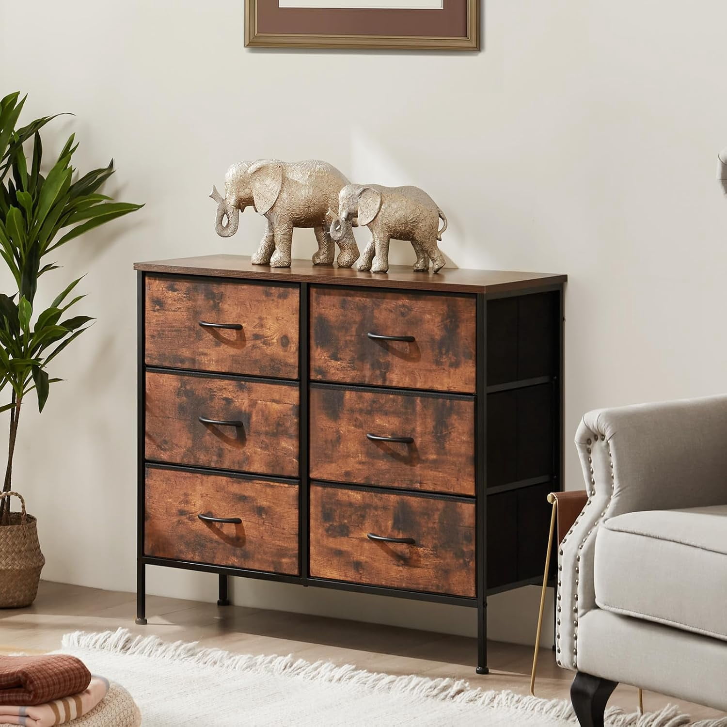 【Holiday Ready】6-Drawer TV Stand & Dresser, Multifunctional Furniture with Fabric Storage for Living Room, Bedroom, Rusty Brown