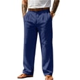 thumbnail image 2 of Domuza Linen Pants Men Stylish Casual Pleated Straight Leg Dress Trousers Spring Summer Lightweight Loose Fit Beach Pants with Pockets Navy 2XL, 2 of 5