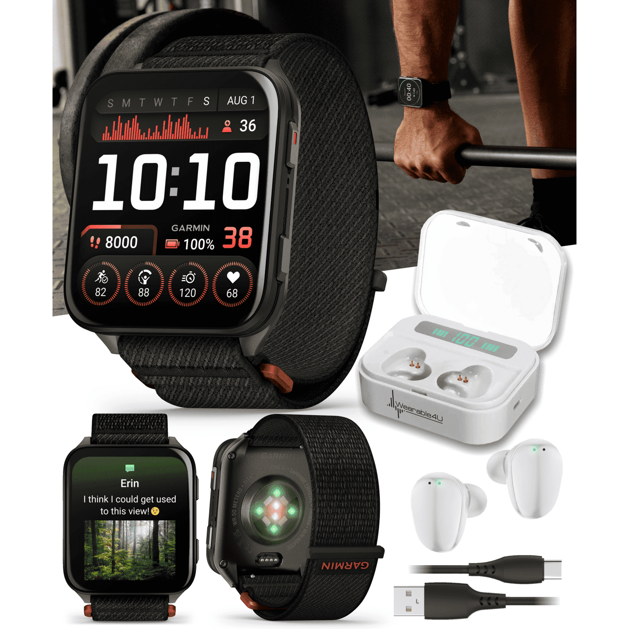 Garmin Venu X1 Thin and Lightweight GPS Smartwatch, AMOLED Display, Black with Slate Titanium Comfort Fit Nylon Band with Wearable4U White EarBuds Bundle