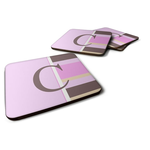 Letter C Initial Monogram - Pink Stripes Foam Coaster Set of 4