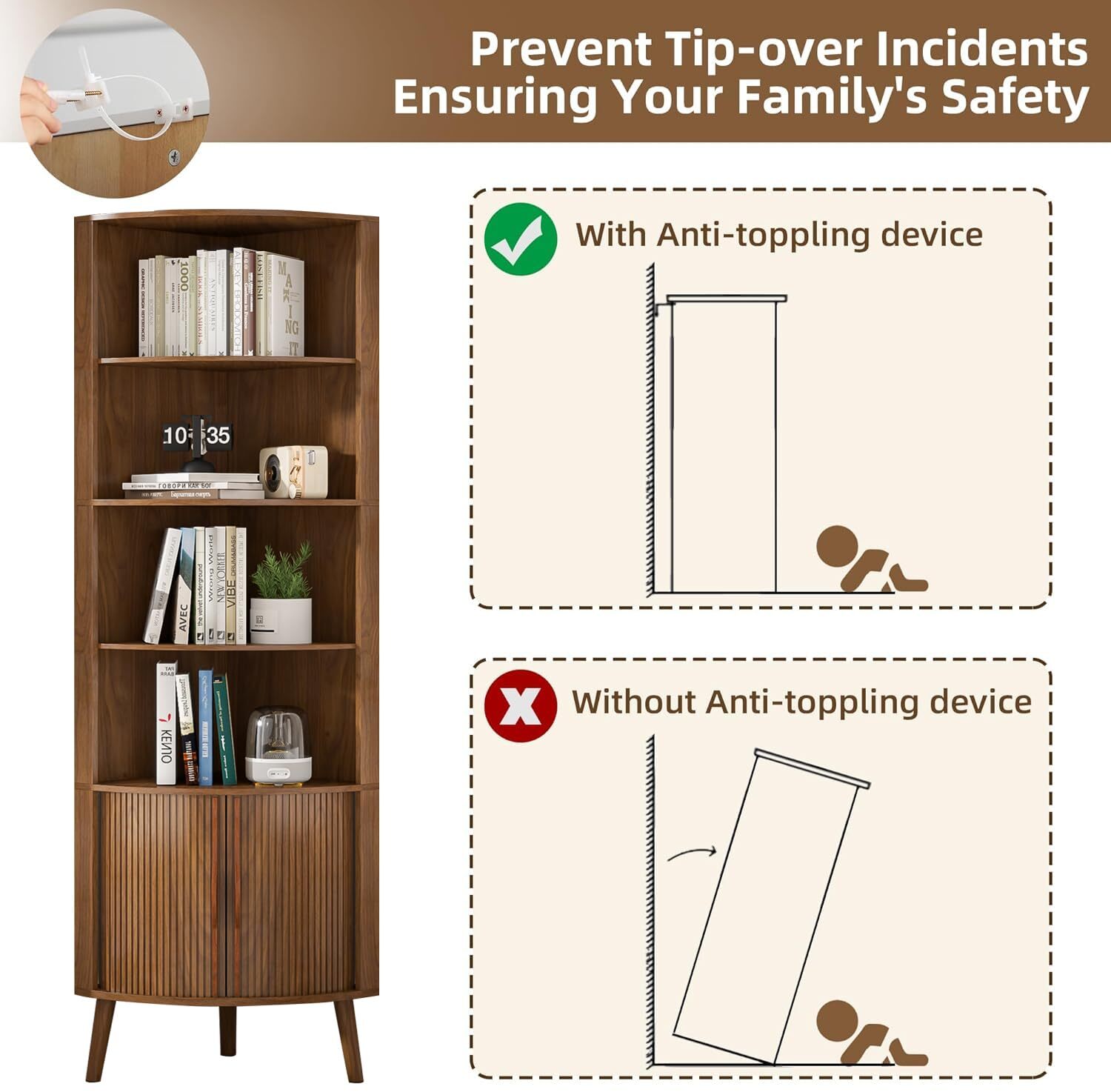 Modern Corner Cabinet, 66.7" Tall Bathroom Storage Cabinet with 2 Fluted Doors & Shelves for Kitchen, Living Room, Walnut