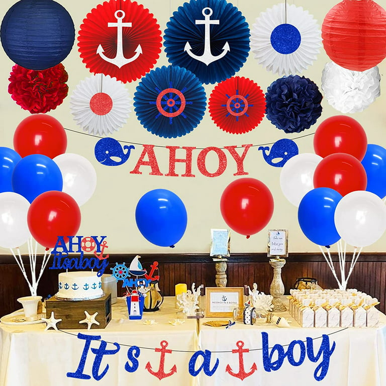 Nautical Baby Shower Decorations for Boy, Ahoy Its a Boy Baby Shower Party  Supplies Decorations with Pom Pom Flowers Paper Fans And Lanterns for  Marine Themed Party Supplies 
