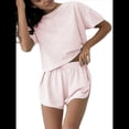 thumbnail image 3 of Pijama de Rayas para Mujer, Conjunto de Dos Piezas, Camiseta con Estampado de Rayas y Hombros Caídos, Pantalones Cortos Cruzados con Abertura. Rosa M, 3 of 7