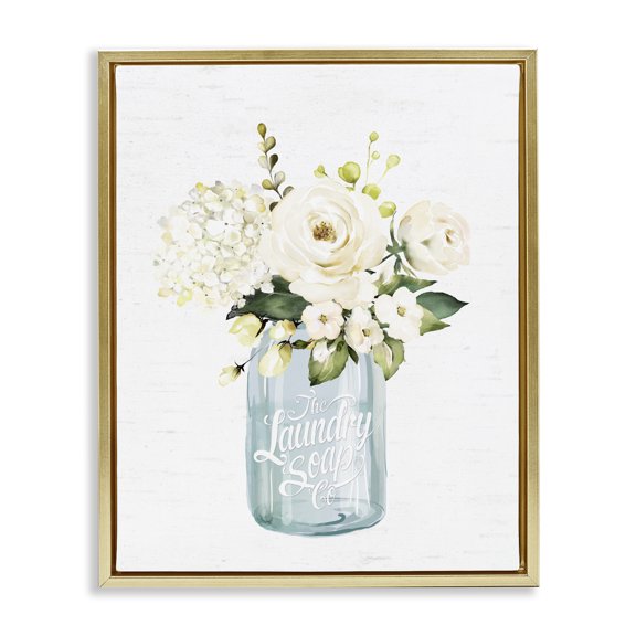 Stupell Industries Shabby Chic White Floral Bouquet Vintage Laundry Text Jar Gold Floating Frame Canvas Art, 17 x 21, by Lettered and Lined
