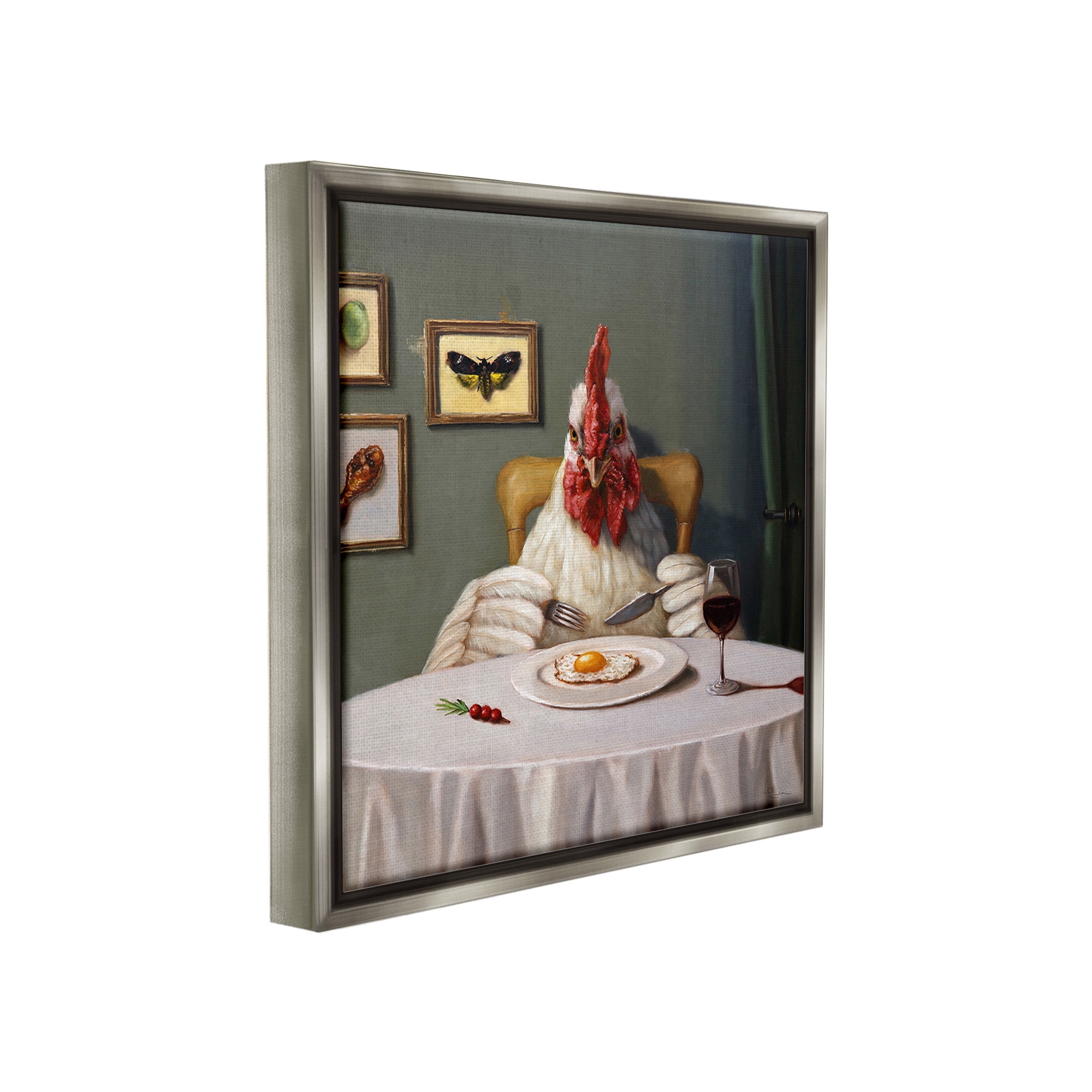Stupell Industries Chicken & Egg Dinner Animals & Insects Painting Gray Floater Framed Canvas Art Print Wall Art, 18 x 18