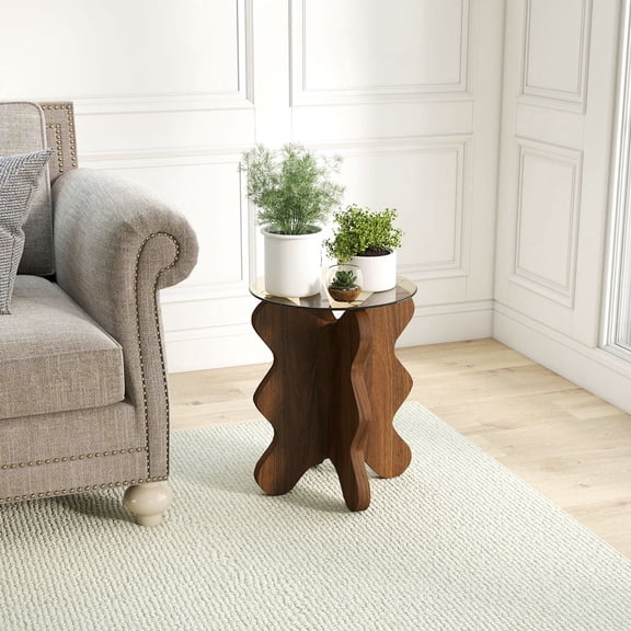 Permory MDF Frame Side Table with Brown Tempered Glass Top, Mortise and Tenon Joint Design, No Screw Easy Assembly, Sturdy End Table for Living Room, Bedroom