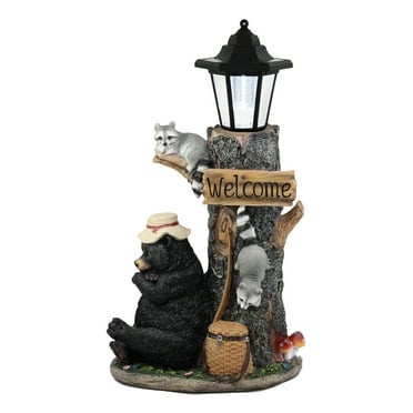 Ebros Gift Forest Lazy Bear Raccoon Welcome Sign Solar Light Lantern Outpost Statue, UV Resistant