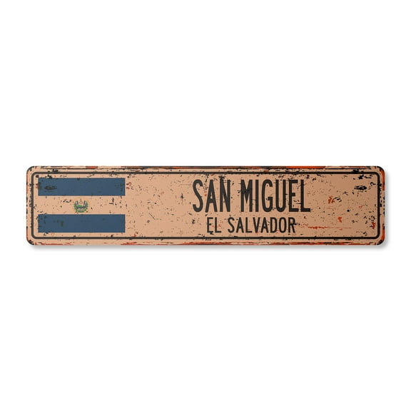 SAN MIGUEL EL SALVADOR Vintage Plastic Street Sign Salvadoran flag city country road wall gift | Indoor/Outdoor | 30" Wide