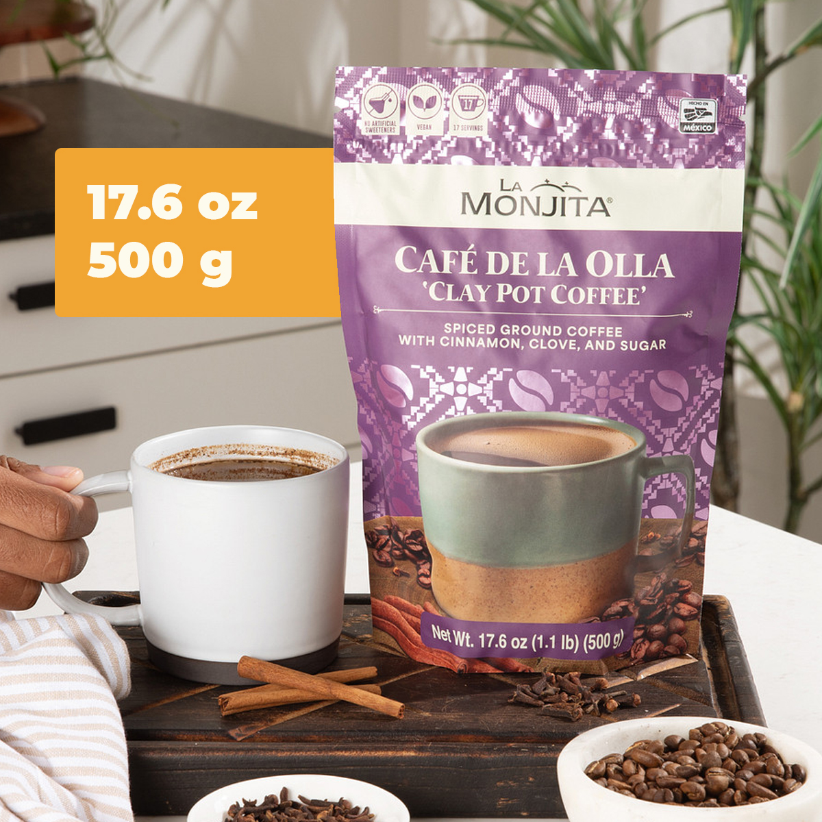 La Monjita Traditional Mexican Cafe de la Olla - Ground Coffee Blend with Cinnamon & Clove (500g / 17.6oz Pouch)