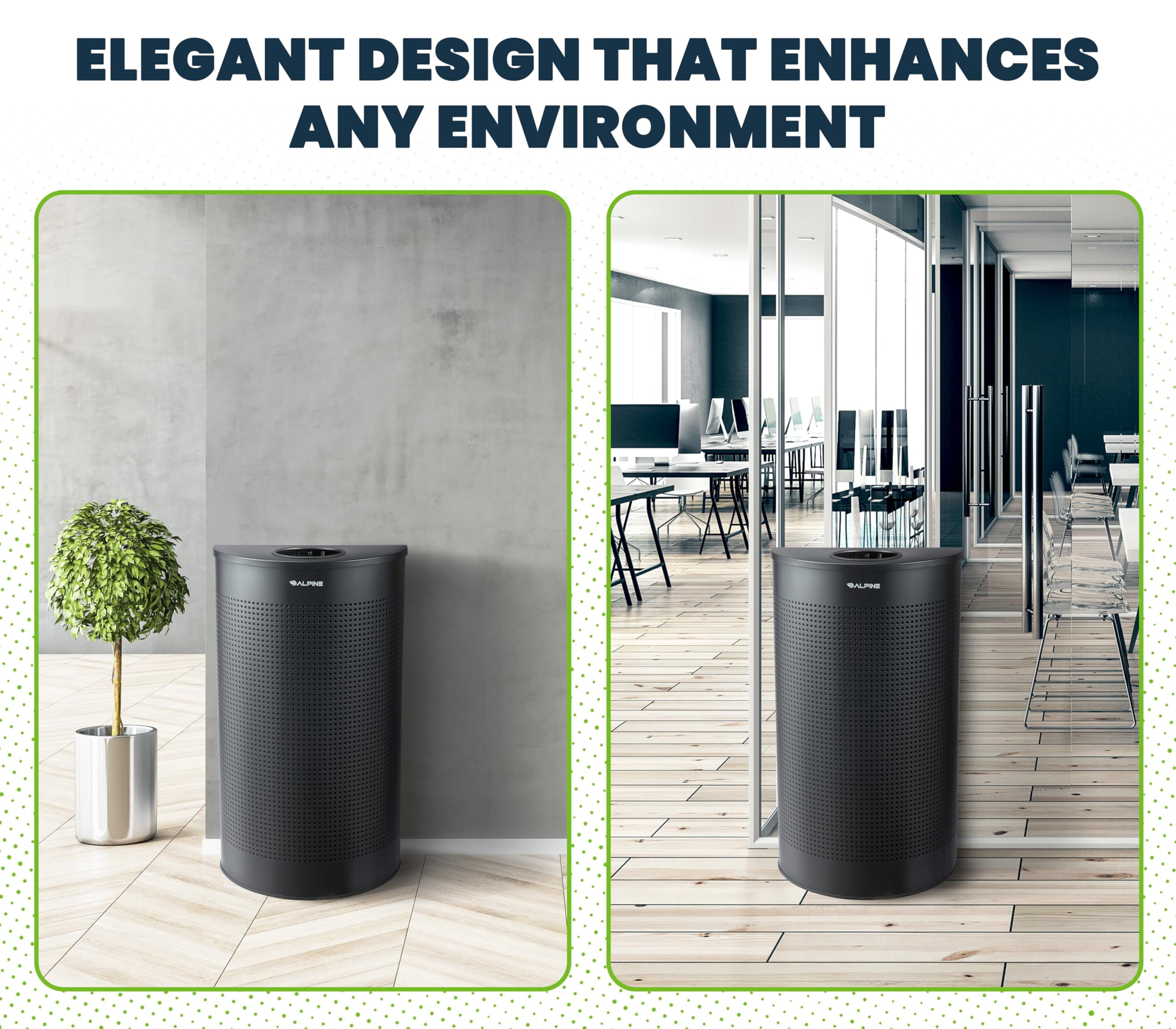 Alpine Half Round Trash Can Open Top - Modern Black Metal 12 Gallon Trash Can, Space Saving Indoor Commercial Trash Can, Perfect for Bathroom, Office, Lobby and Business.