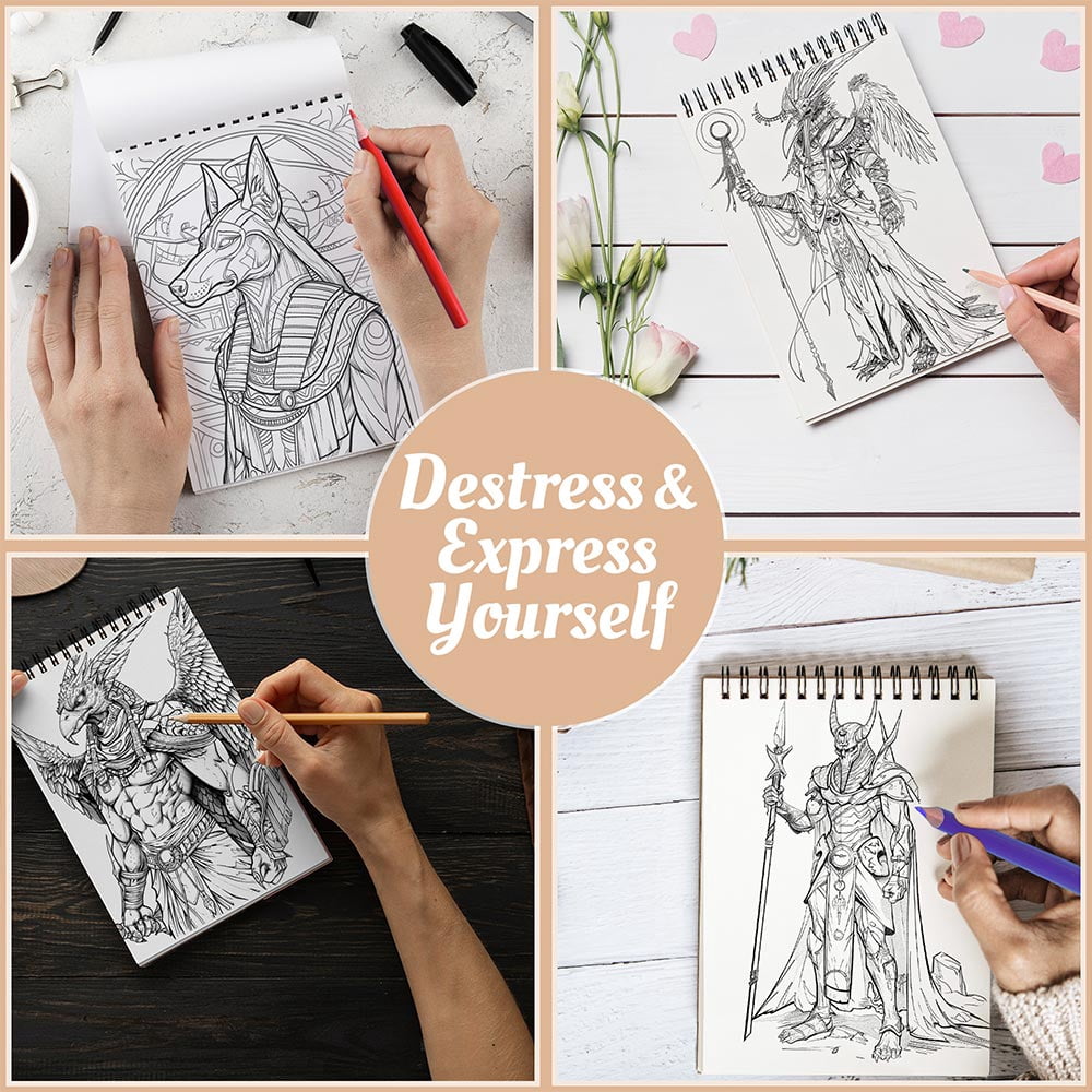 Netecom Egyptian Gods Coloring Book for Adults, A5 Wooden Cover, Spiral Bound, 30 Stunning Illustrations of Ancient Mythology for Stress Relief and Relaxation