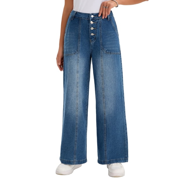 INSPIRE CHIC Pantalones de mezclilla para mujer de tiro alto con botones, ajustados, rectos, sueltos, de moda, casuales, de pierna ancha, XL, azules