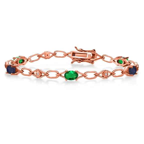 Gem Stone King 18K Rose Gold Plated Silver Green Nano Emerald and Blue Sapphire and Round White Lab Grown Diamond Tennis Bracelet for Women (2.90 Cttw, Gemstone Birthstone, Oval 6X4MM, 7.25 inches)