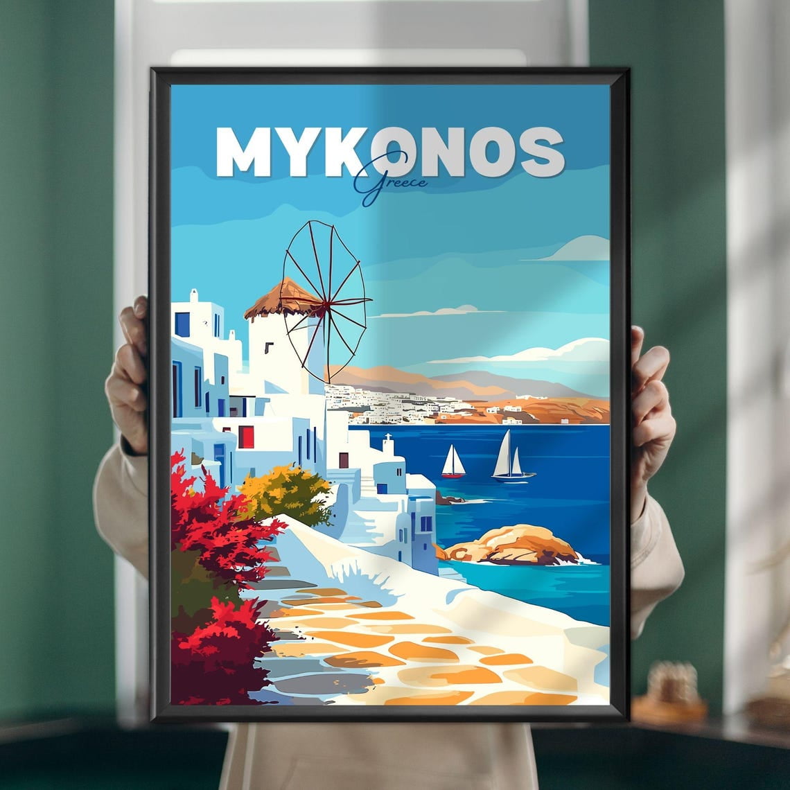 Mykonos Travel Poster, Greek Island Wall Art, Unframed Paper Poster 8x10in