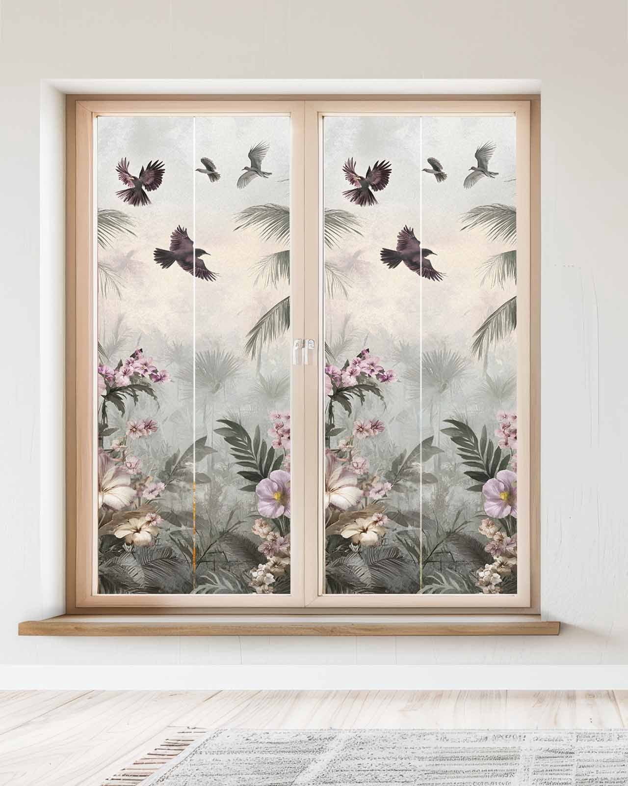 Window Privacy Film Vintage Botanical Stained Glass Window Film Decorative Sun Block Window Cover Retro Palm Tree Spring Floral Window Clings Static Adhesive Sticker for Bathroom 23.6"x59"
