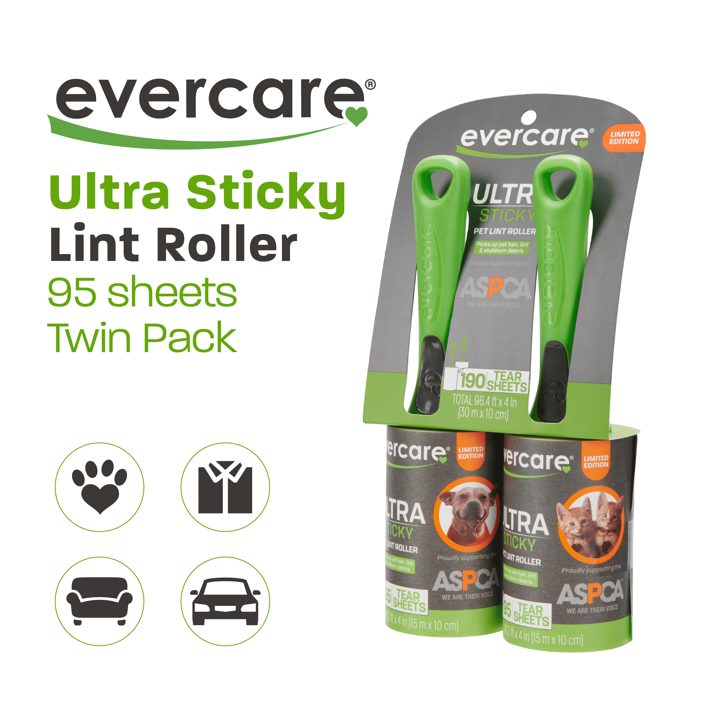 (4 pack) Evercare Pet Hair & Fur Lint Roller Twin Pack – 95 Sheets per Roll, 190 Total Sheets, Refillable, Ultra Sticky, 2-Pack