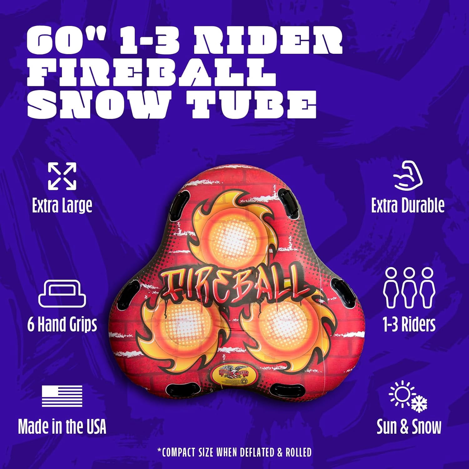 Flexible Flyer 60" Fireball Inflatable Tube Sled - 3-Person Snow Tube and Large Pool Float for Year Round Fun - Heavy Duty Triple Sled with Handles for Kids and Adults