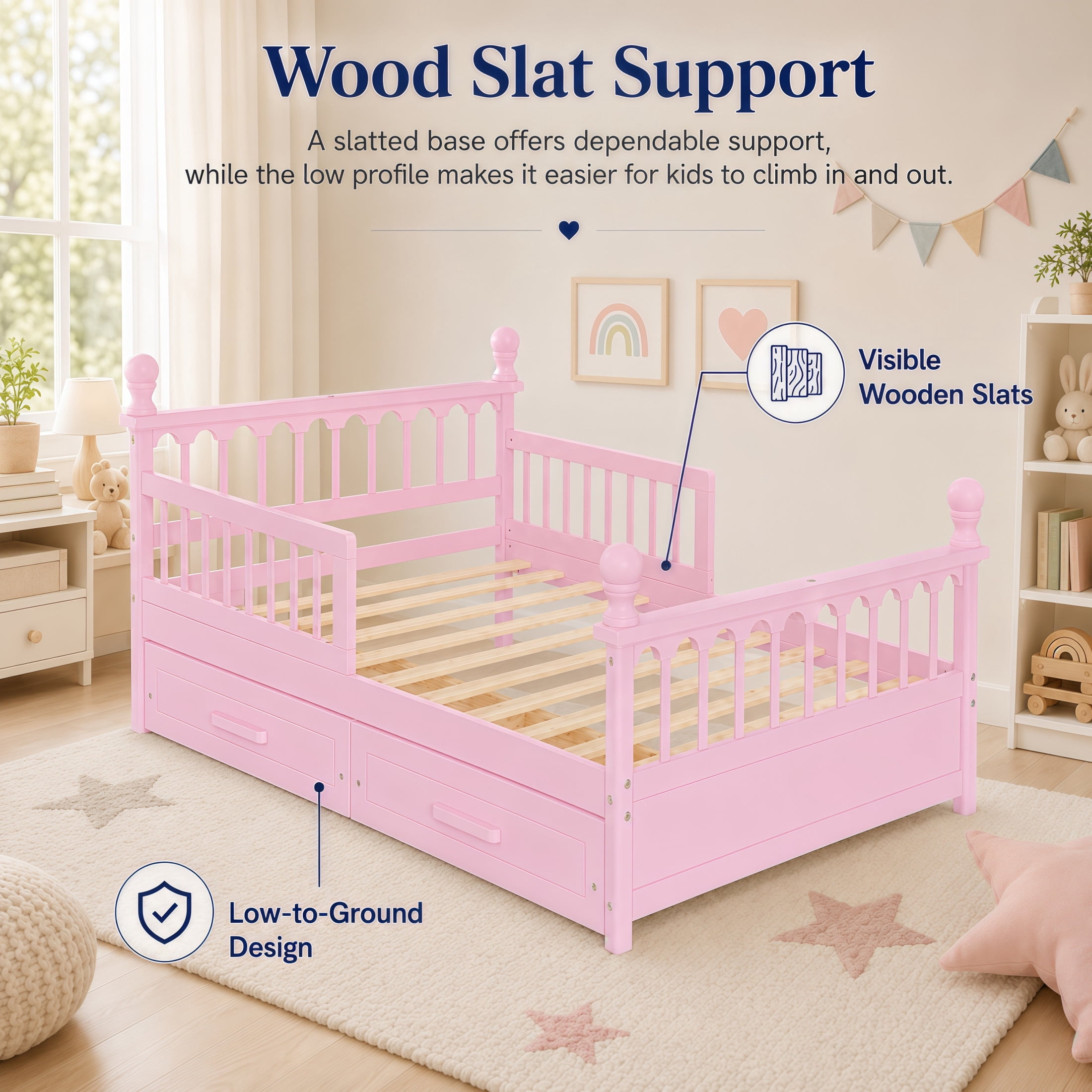 Noble House Orielle Full Kids Bed Frame with Storage Drawers, Low-Profile Platform Bed with Safety Guardrails, Pink