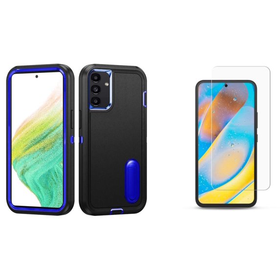 BD Tough Rugged Cover Designed for Samsung Galaxy A54 5G Case - (Black/Blue) Impact Resistant Hybrid Protector Stand Case with Screen Protectors (2-Pack) Tempered Glass