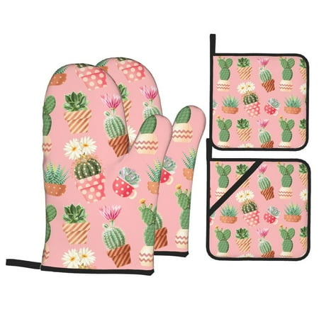 

Oven Mitts and Pot Holders 4 Piece colorful Cactus potted plant High Heat Slip Resistant Oven Mitt and Trivets Set Kitchen Oven Glove Pot Holders for Cooking Baking Grilling