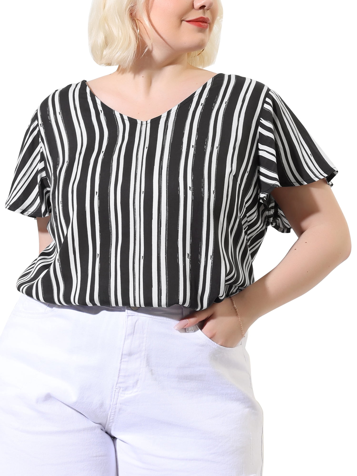Unique Bargains Women's Plus Size Blouses Short Sleeve Loose Stripe Top