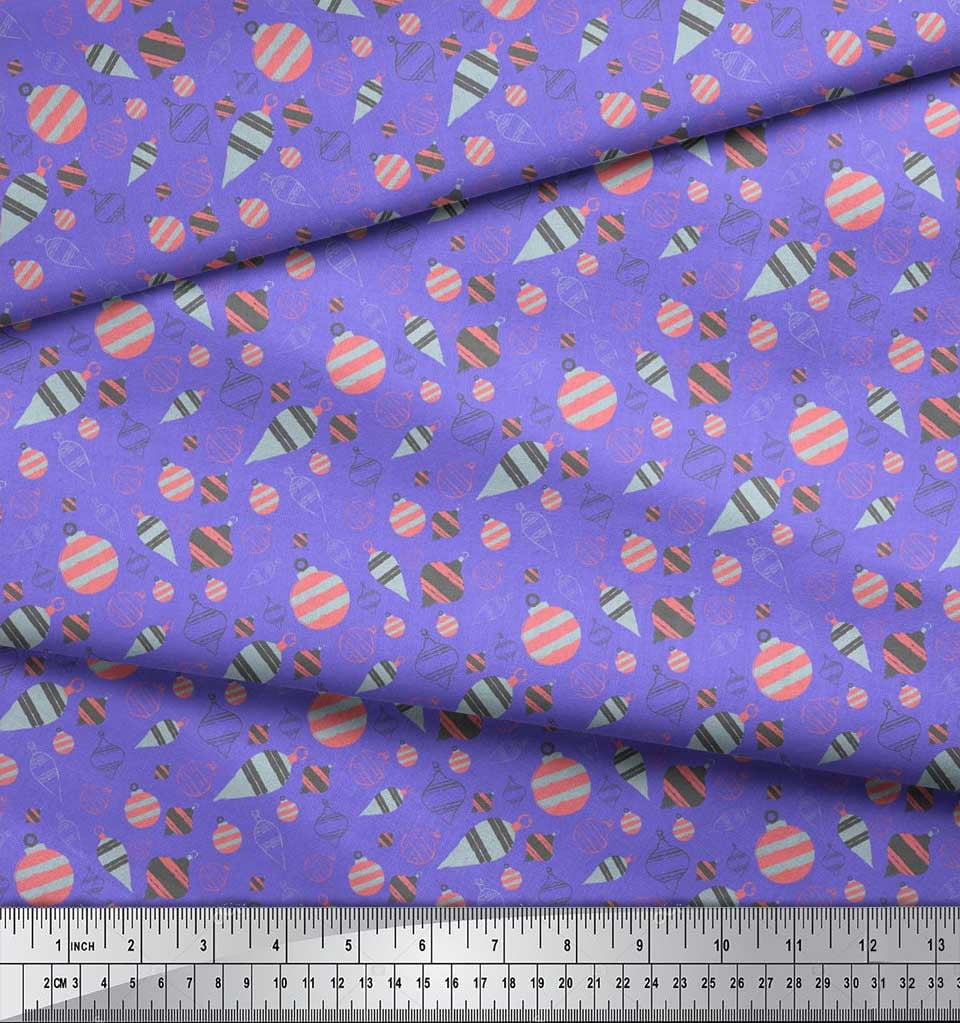 Soimoi Purple polyester Crepe Fabric Baubles Christmas Print Fabric by the Yard 52 Inch Wide