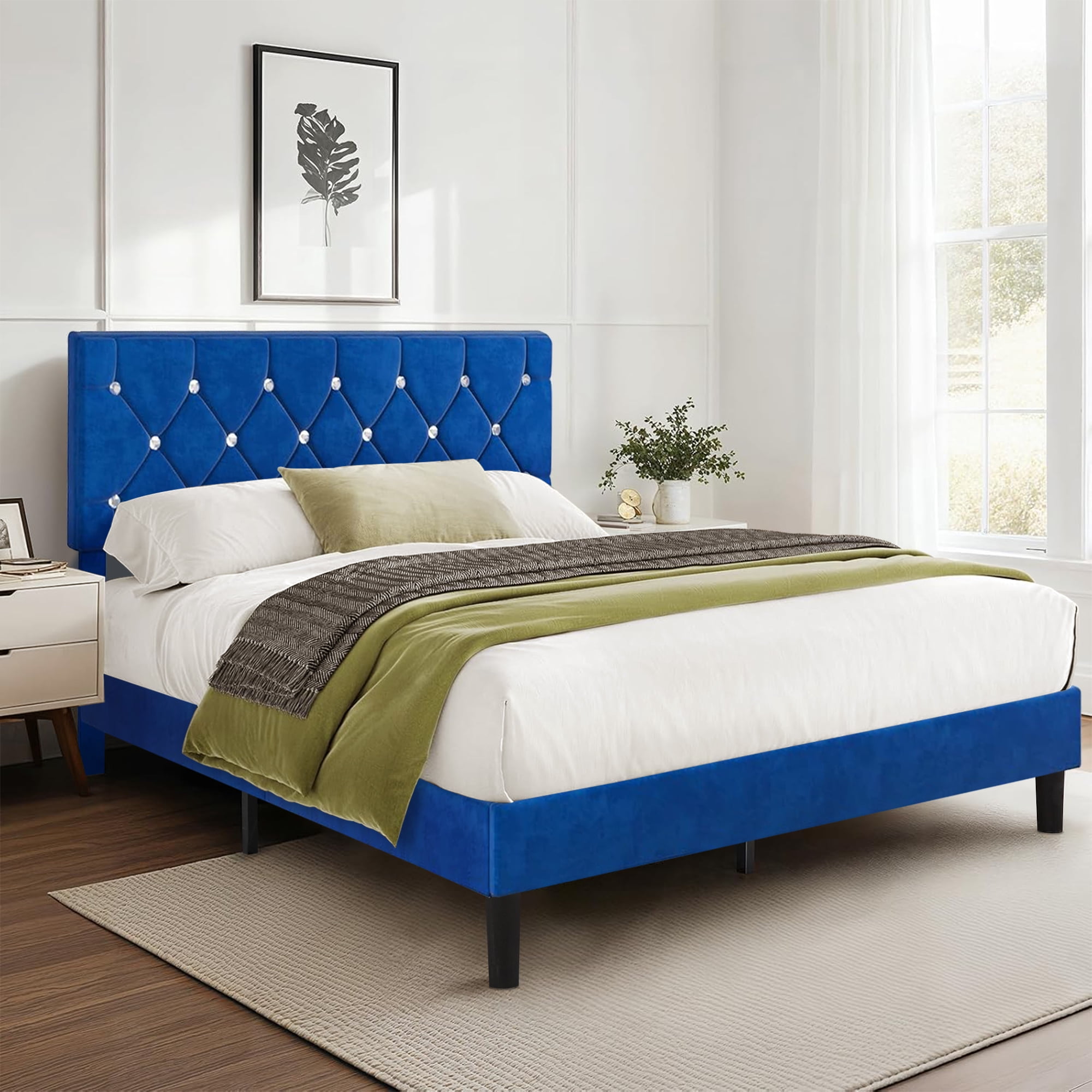 VECELO Queen Size Bed Frame, Modern Upholstered Platform Bed Frame with Diamond Tufted Headboard, No Box Spring Needed, Easy Assembly, Blue