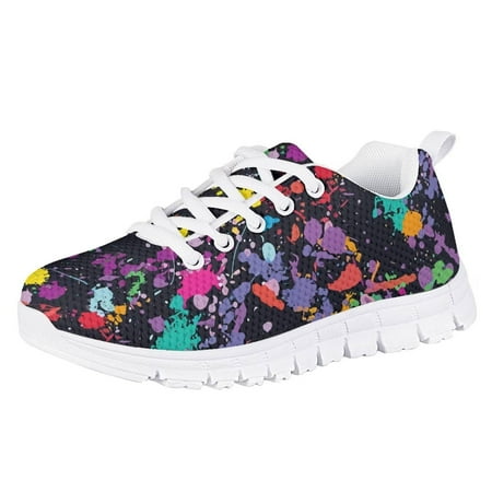 Pzuqiu Ink Splash Girls Walking Shoes Size 4 Big Kid Lightweight Athletic Running Shoes Lace Up Tennis Shoes Breathable Mesh Sneakers