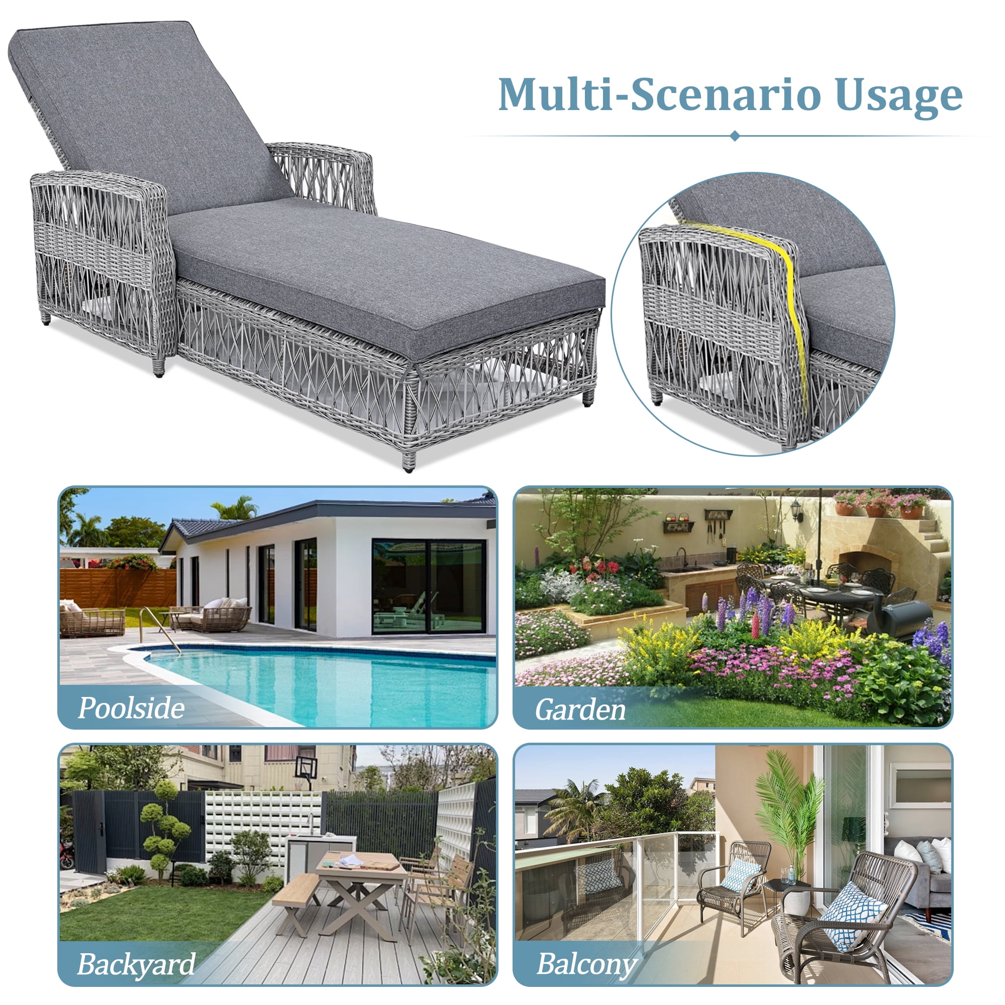Euroco Outdoor Long Reclining Chaise, Wicker Lounge with Armrests, Patio Adjustable Recliner with Soft Removable Cushions, All Weather Rattan Pool Lounge