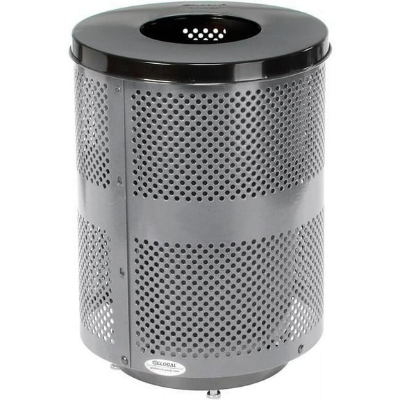 Global Industrial 261925GYD Outdoor Perforated Steel Trash Can with Flat Lid & Base - 36 gal - Gray
