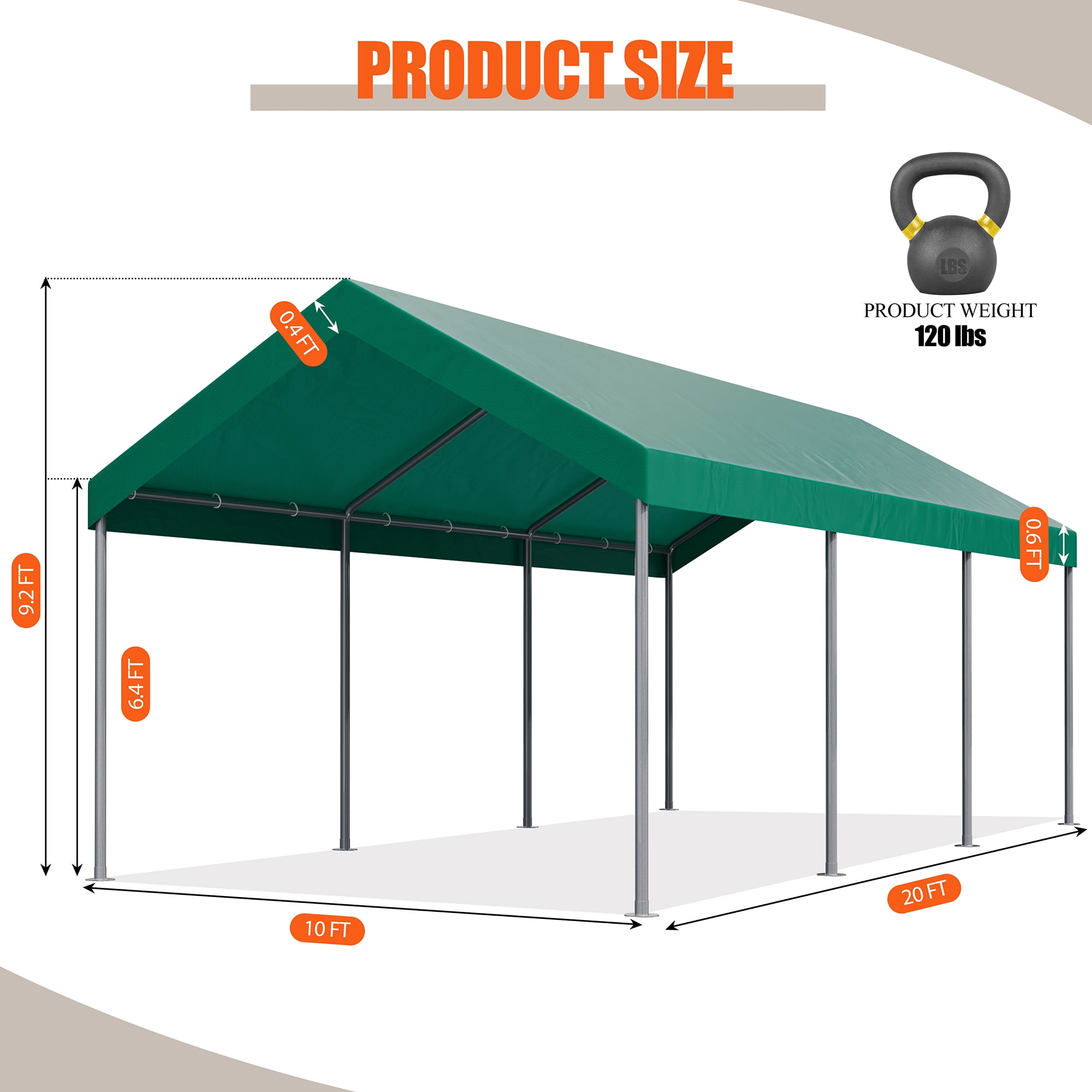 Walsunny Carport 10 x 20 ft Heavy Duty Carport Car Canopy with Powder-Coated Steel Frame, Portable Garage for Car, Boat, Shelter Party Tent with 180g PE Tarp Green