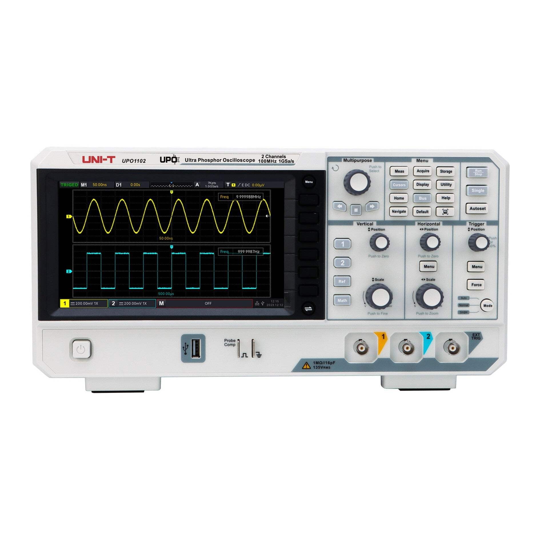 UNI-T UPO1102 100MHz 2Ch DSO Ultra Phosphor Digital Oscilloscope 1 GSa/s Memory Depth 56 Mpts 500,000 wfm/s 7in display 1Mpts FFT Sampling Points