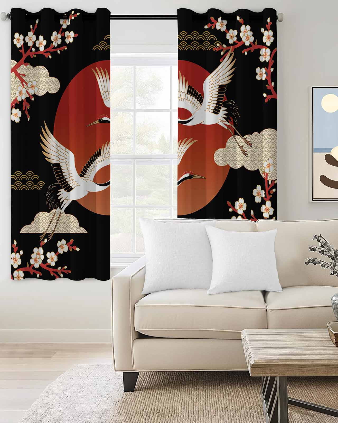Japanese Style Blackout Curtains for Bedroom/Living Room, Thermal Insulated Kitchen Curtains, Modern Cranes Cherry Flower Wave Red Brown Grommet Darkening Window Treatment Drapes 42"x84"x2