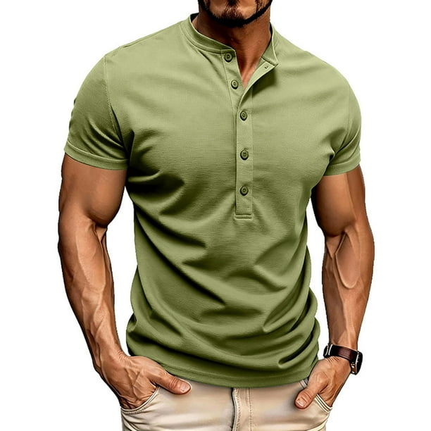 Tops para hombre, blusas y camisas de manga corta con cuello redondo para hombre, jersey informal de medio botón con cuello redondo y manga corta de color liso a la moda para hombre, top de poliéster