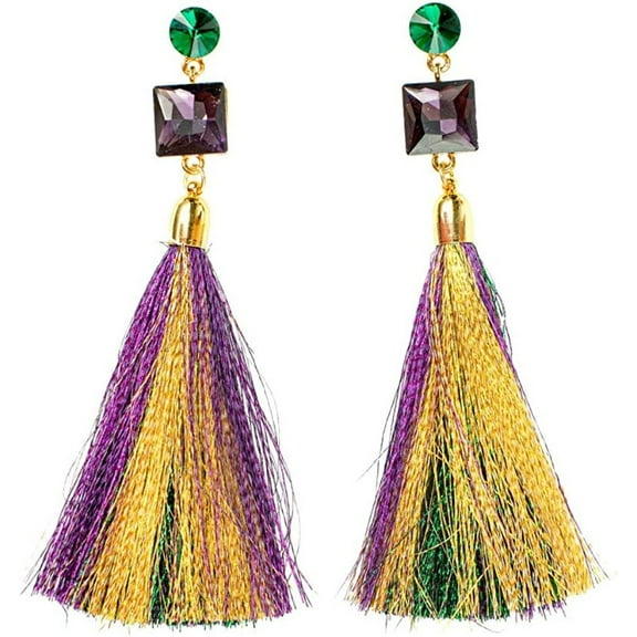 Mardi Gras 4.75" Gem Stone & Tassel Earrings Purple Green Gold Masquerade Ball Costume Parade New Orleans