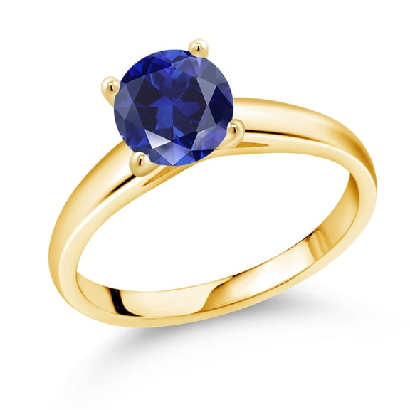 Gem Stone King 1.60 Ct 7mm Round Blue Created Sapphire 10K Yellow Gold Ring (Size 8)