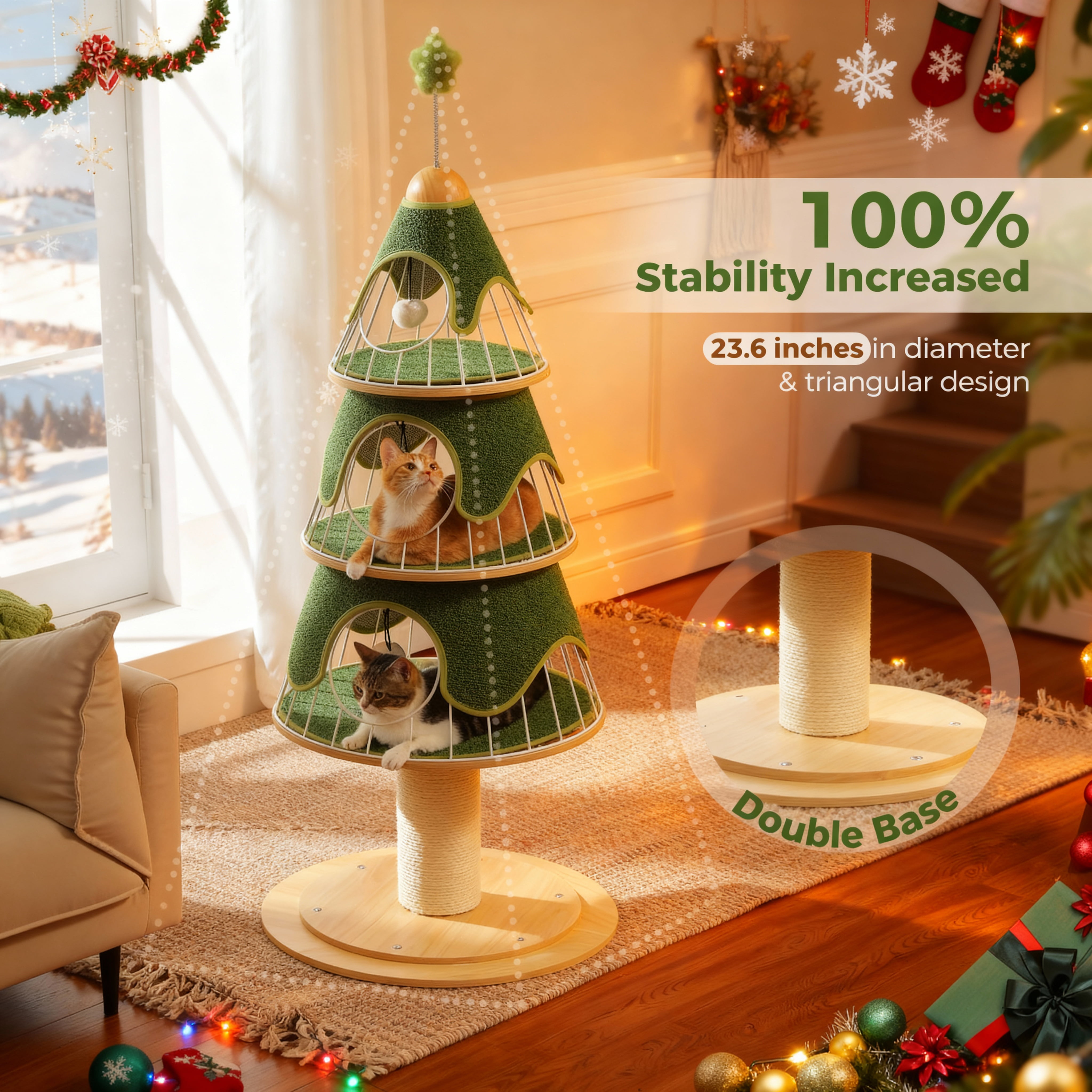 PAWZ Road 51.2" Christmas Cat Tree for Indoor Cat Modern Cat Tower with 3 Cat Condos and Scratch Post, Green