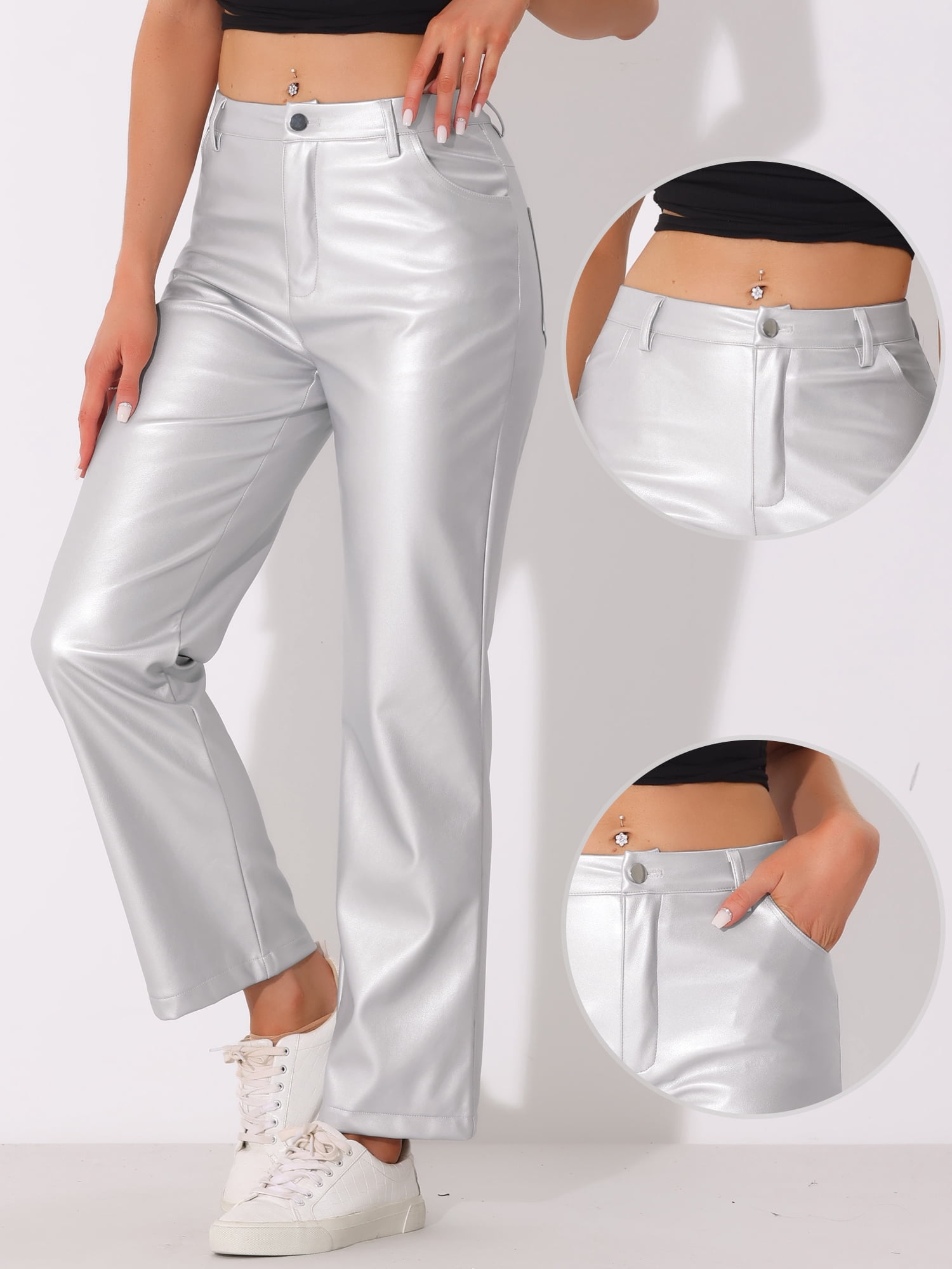 DARING DIVA Women's Faux Leather High Waist Straight Leg PU Punk Trousers XS Silver