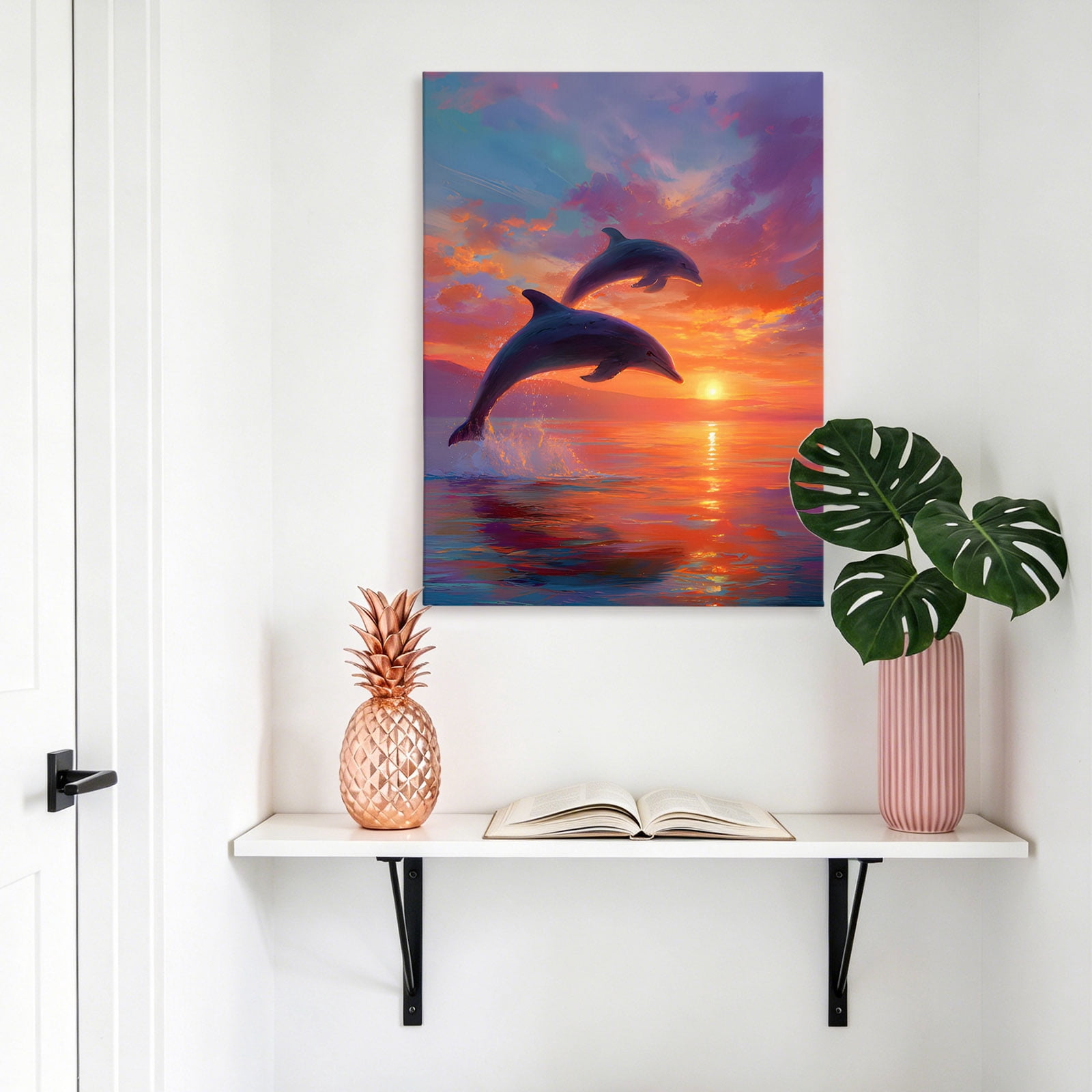 Sunset Dolphin Canvas Wall Art for Living Room, Dreamy Sunset Jumping Dolphins Wall Decor Framed Artwork Pictures Ready to Hang for Bedroom Office Home Decor